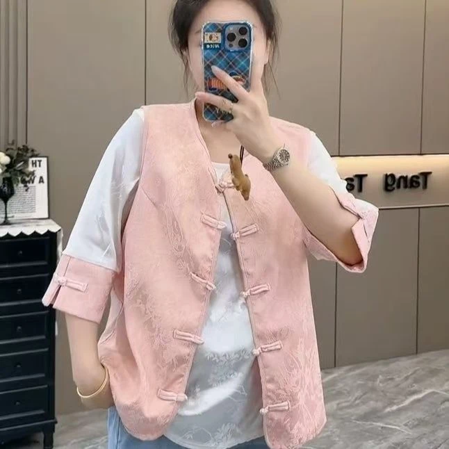 2025新款时尚百搭国风盘扣胖MM大码女装两件套7076