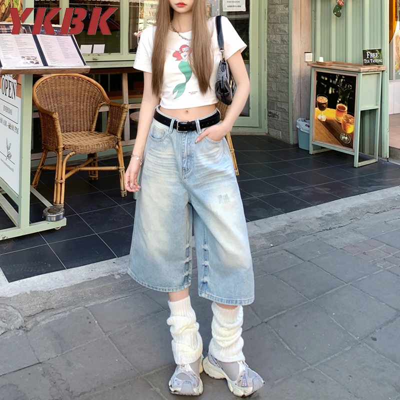YKBK美式复古七分牛仔裤女2025新款高腰显瘦小个子直筒宽松阔腿裤