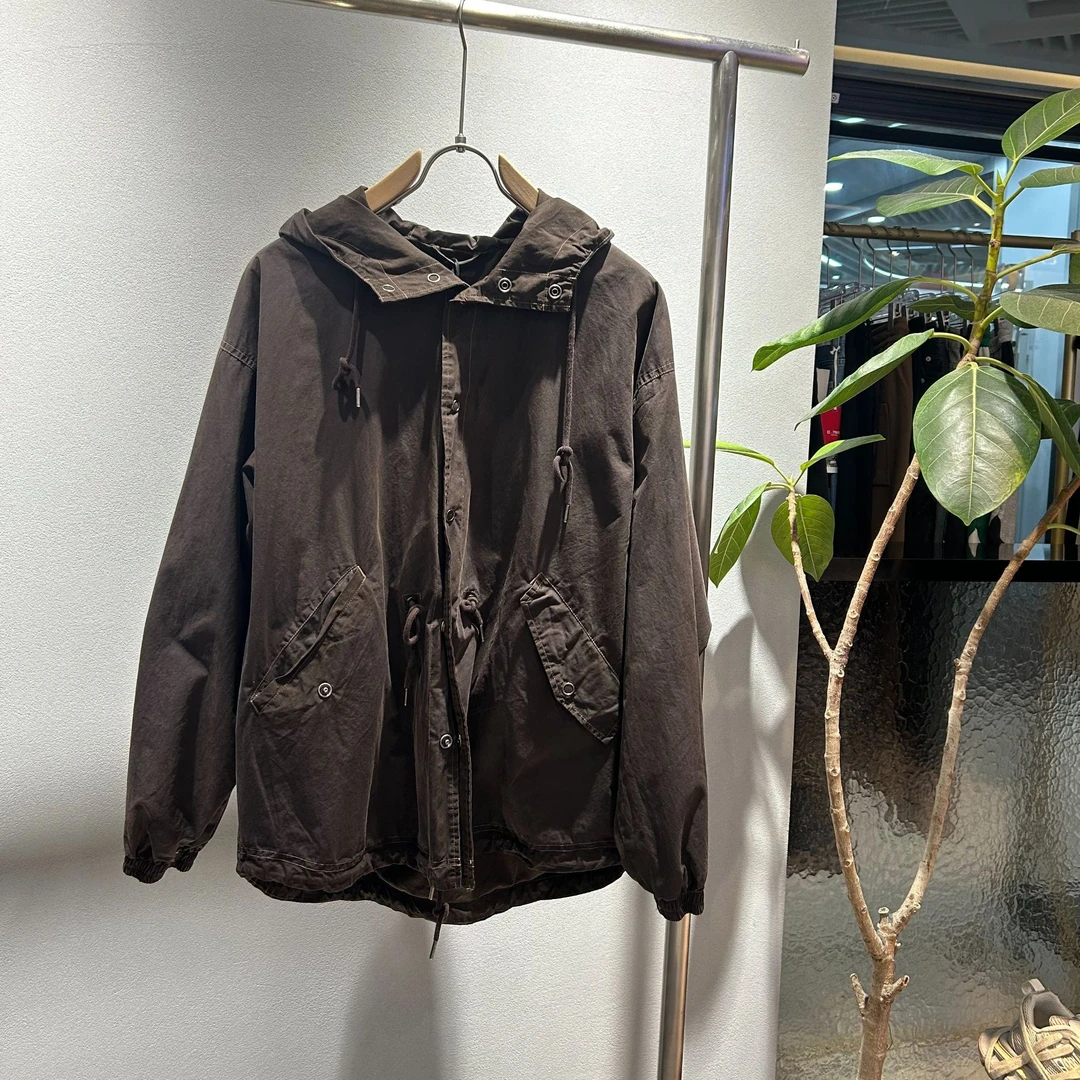 秋 双色中长款连帽背后刺绣风衣外套 男女同款