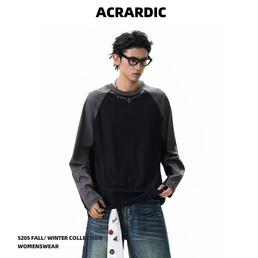 ACRARDIC美式撞色插肩袖长袖T恤男复古vintage休闲宽松打底体恤衫