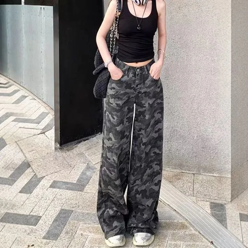 小个子美式复古迷彩牛仔裤工装阔腿新款宽松高腰直筒显瘦拖地裤子