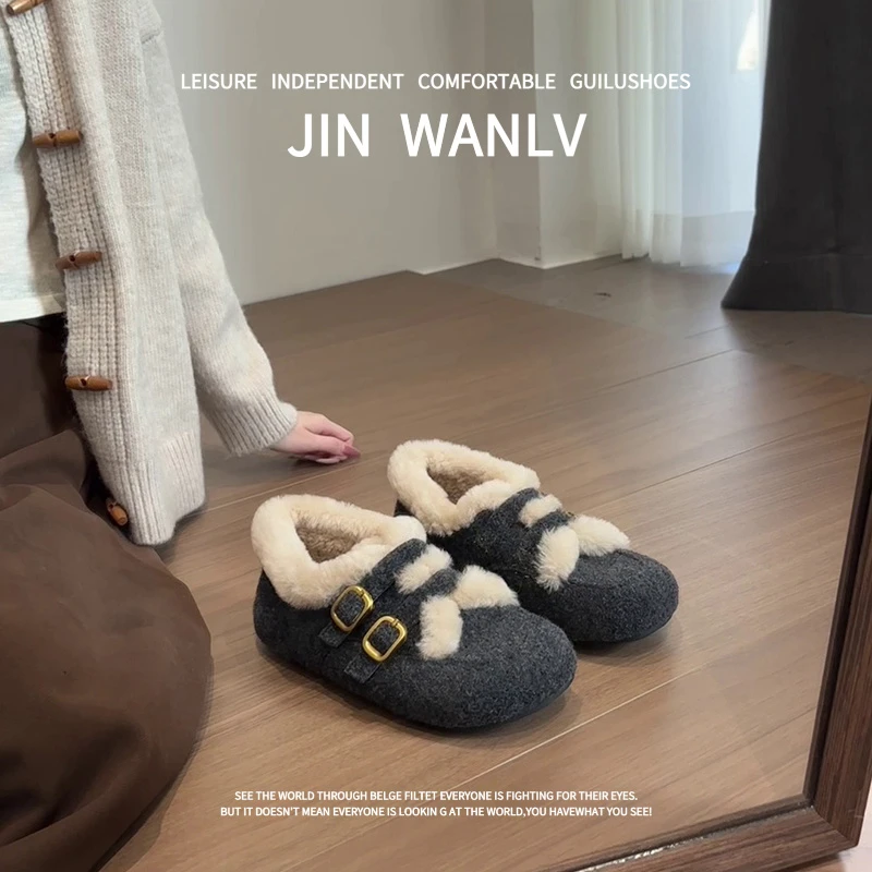 2025冬季新款复古内增高加绒毛毛鞋子女款厚底休闲勃肯鞋保暖棉鞋