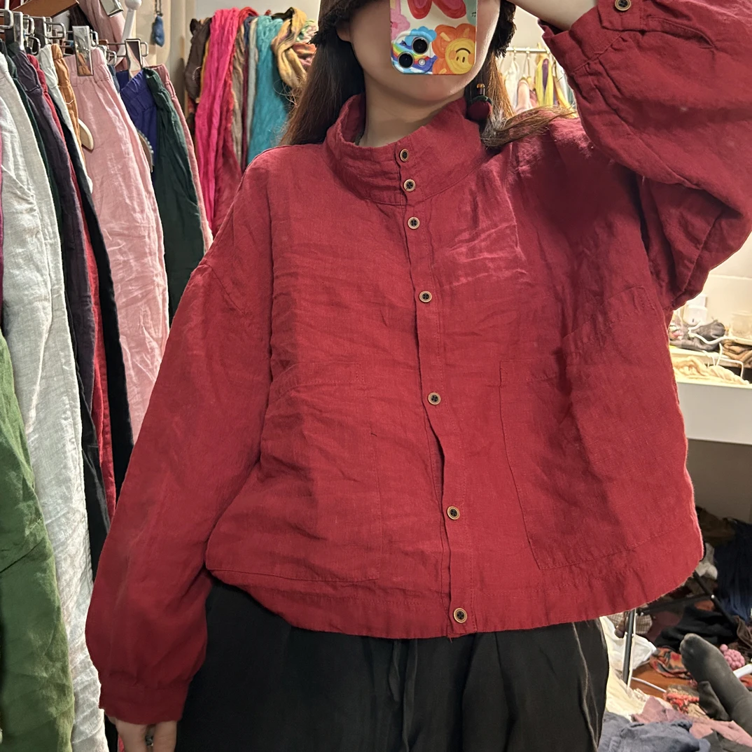 妞妞 新款砂洗亚麻立领长袖大口袋小衫（胸围128衣长52