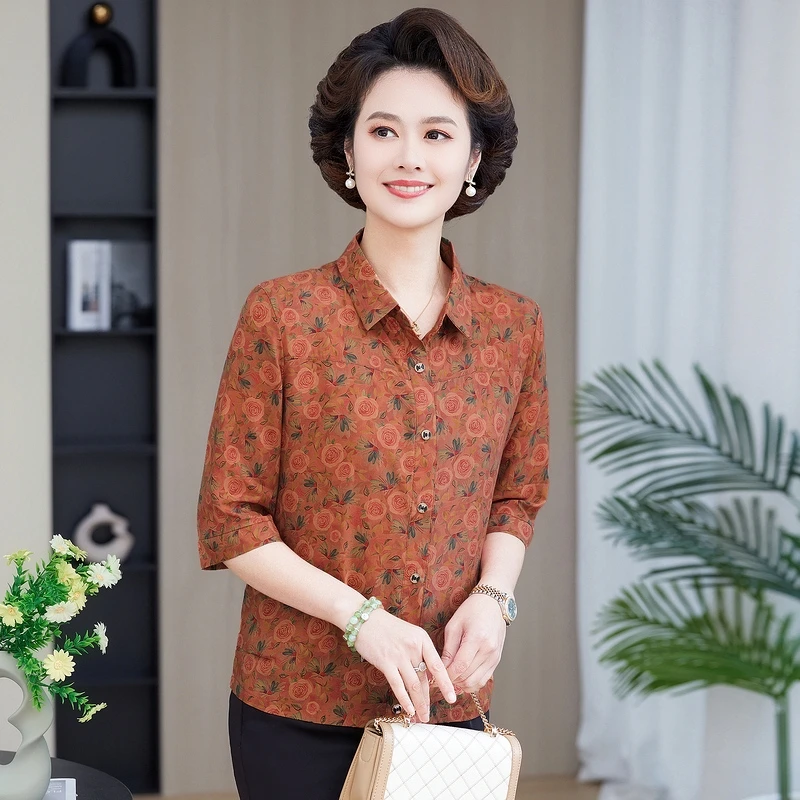 妈妈夏装小衫洋气新中式上衣中年女装时尚透气中老年女春装衬衫