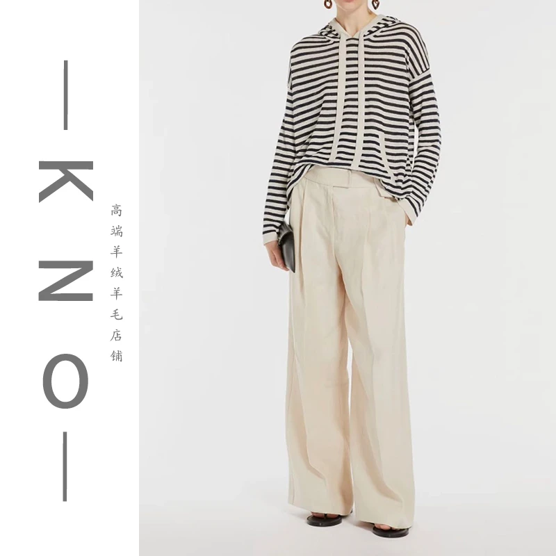 【KNO】早春新款M家条纹洋气连帽衣服针织衫显瘦长袖复古宽松薄款