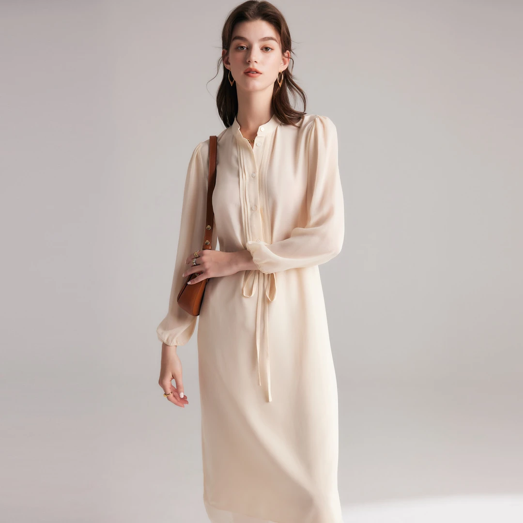 春夏立领系带收腰显瘦长袖真丝连衣裙ES23025Z-A