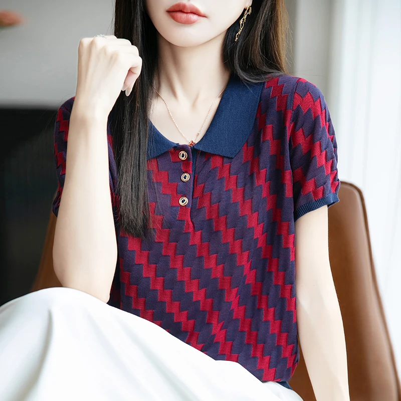 哥弟阿玛施正品新款老钱风翻领格纹撞色针织衫时尚洋气短袖上衣女