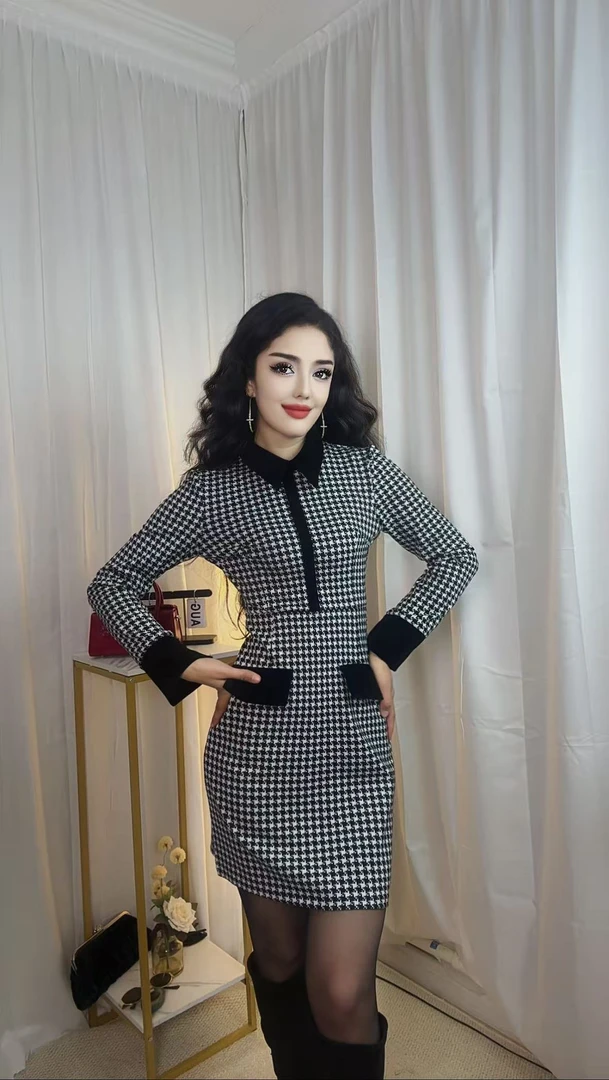 连衣裙裙子修身长袖圆领显瘦格纹千鸟格立领秋季通勤风