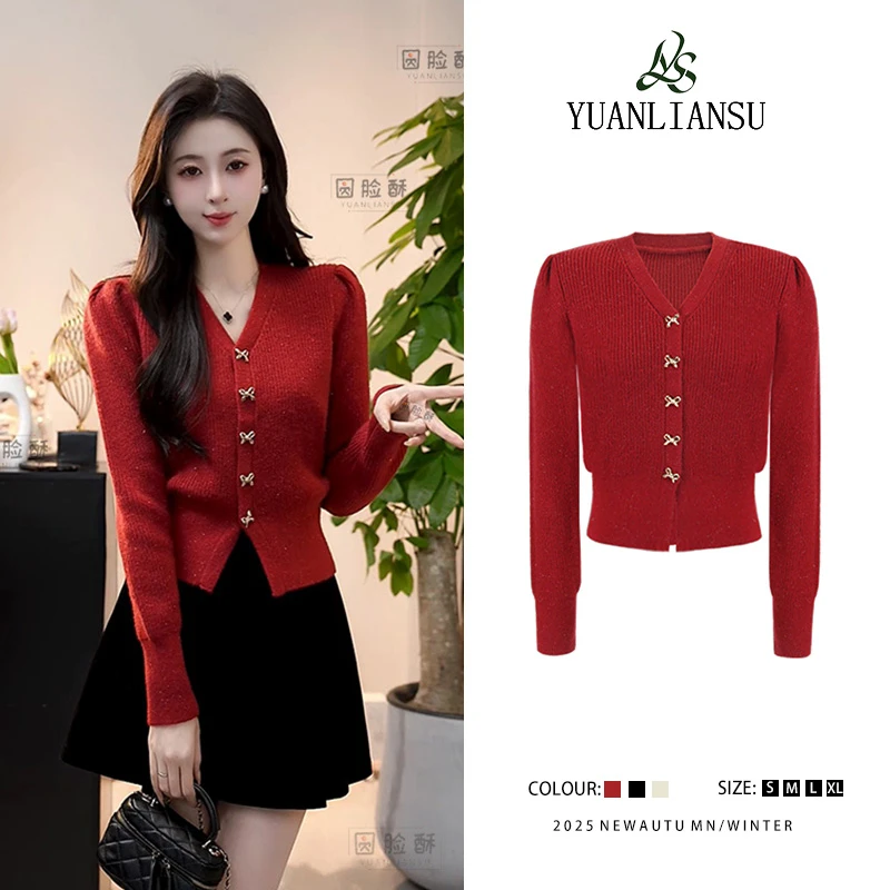 YUANLIANSU/圆脸酥【花樱似梦】秋冬法式小香风红色蝴蝶结短款毛衣