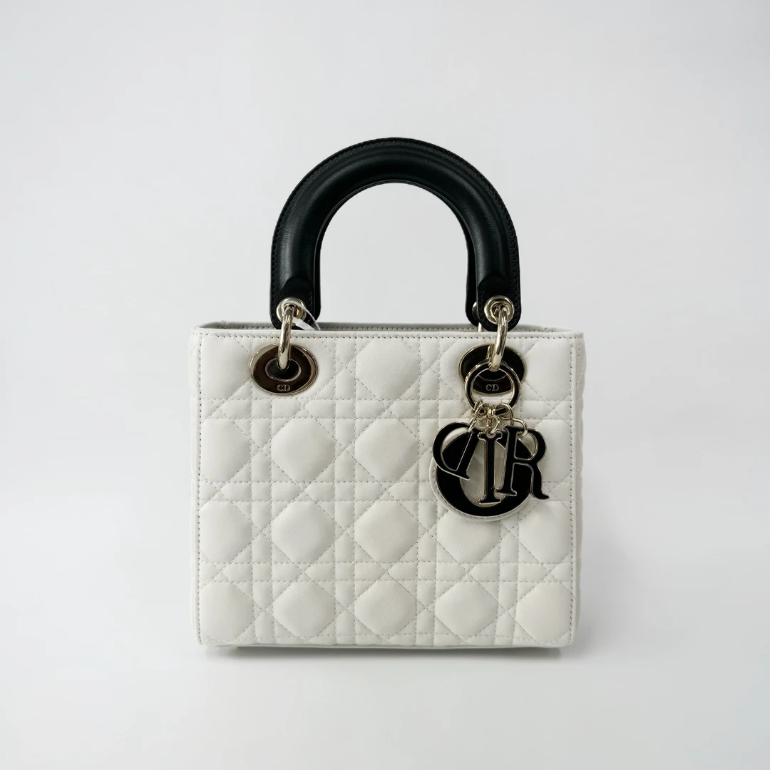 99新 DIOR/迪奥 99新 黑白配色珐琅扣四格戴妃手提斜挎包