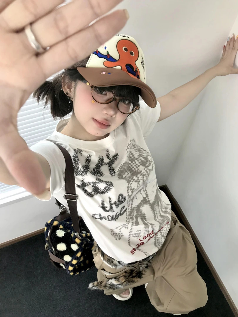 古早复古街头正肩短袖t恤女夏季新款美式辣妹休闲百搭设计感上衣