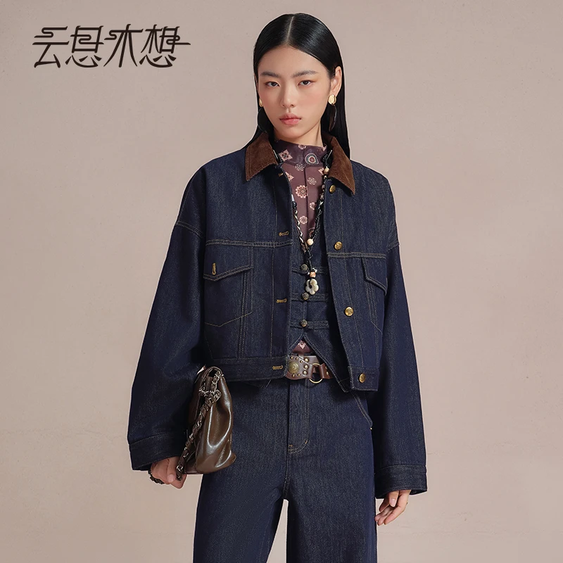 Ysimo-X云思木想 云淡风清 时尚灯芯绒领拼接牛仔宽松外套13828