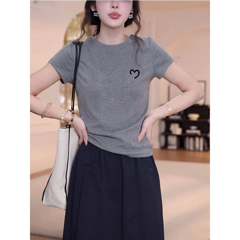 不撞款可外穿拉领修身短袖t恤女夏季爆款减龄显瘦时尚设计感灰色