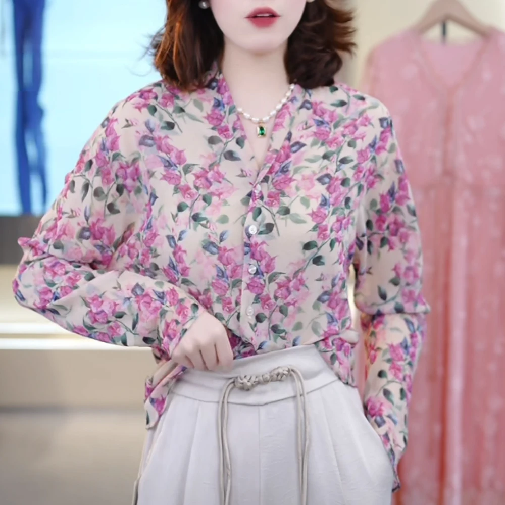 【凡黛卡】乔其纱碎花花色显瘦衬衫上衣 纯色百搭减龄上衣 ND001