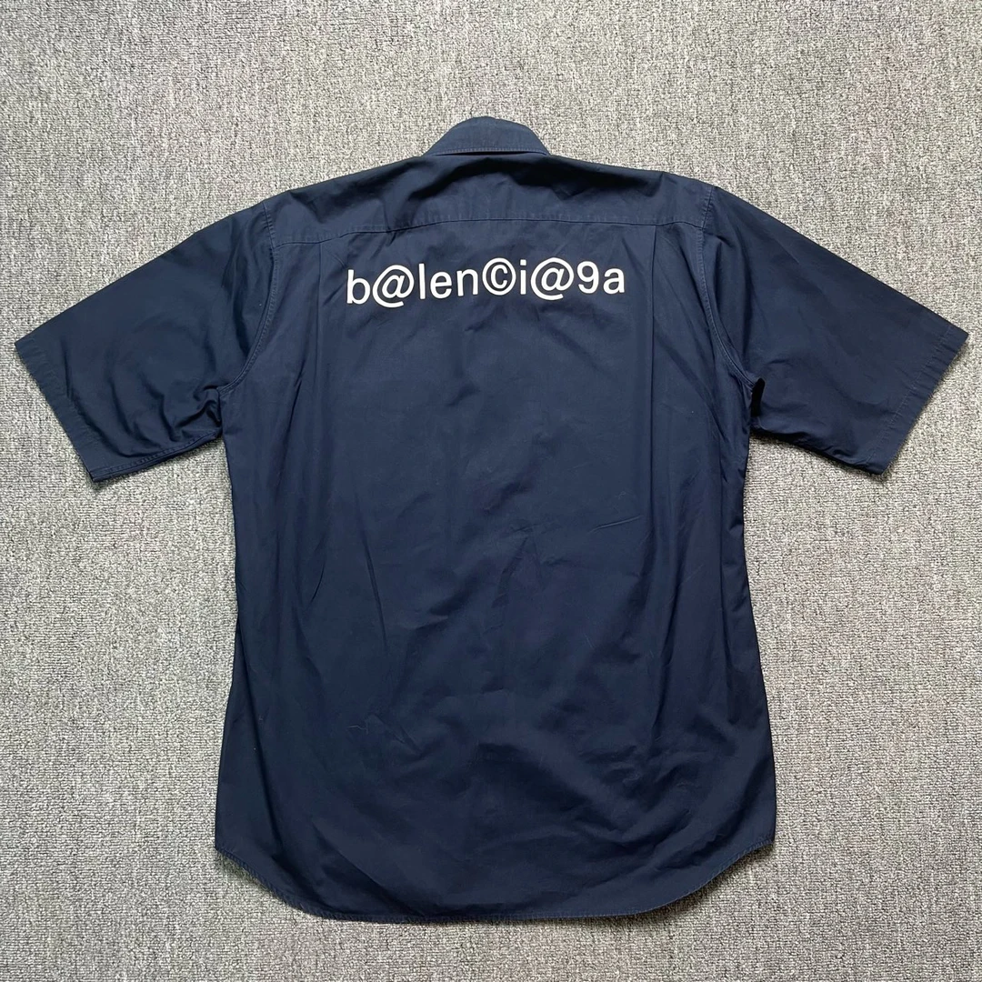 99新 Balenciaga/巴黎世家 印花藏青色半袖衬衣/37码/99新/11483
