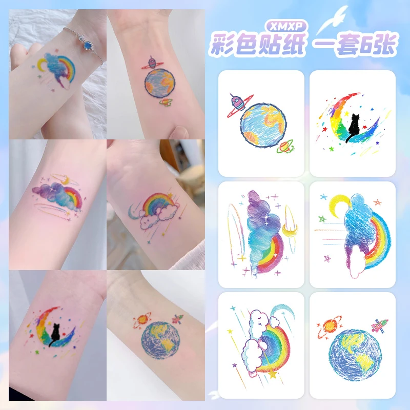 小清新可爱彩色纹身贴女防水持久多巴胺穿搭手臂锁骨小猫星球彩虹