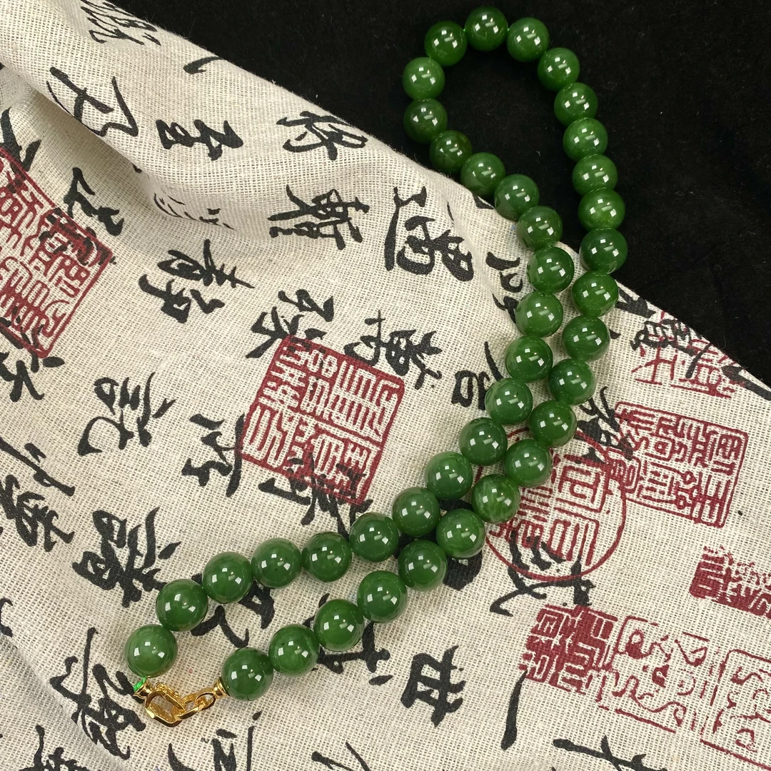 【福源珍宝】（福利带瑕）和田玉碧玉11-12mm菠菜绿国风项链40颗