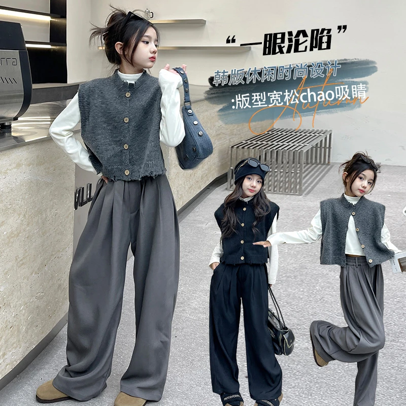 女童秋季套装中大童韩系破洞马甲三件套女童潮款时尚阔腿裤三件套