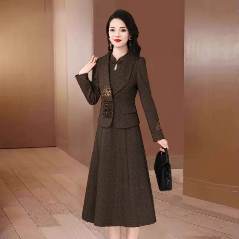 中式国风套装连衣裙女春秋2025新款十三行爆款旗袍两件时尚套裙子