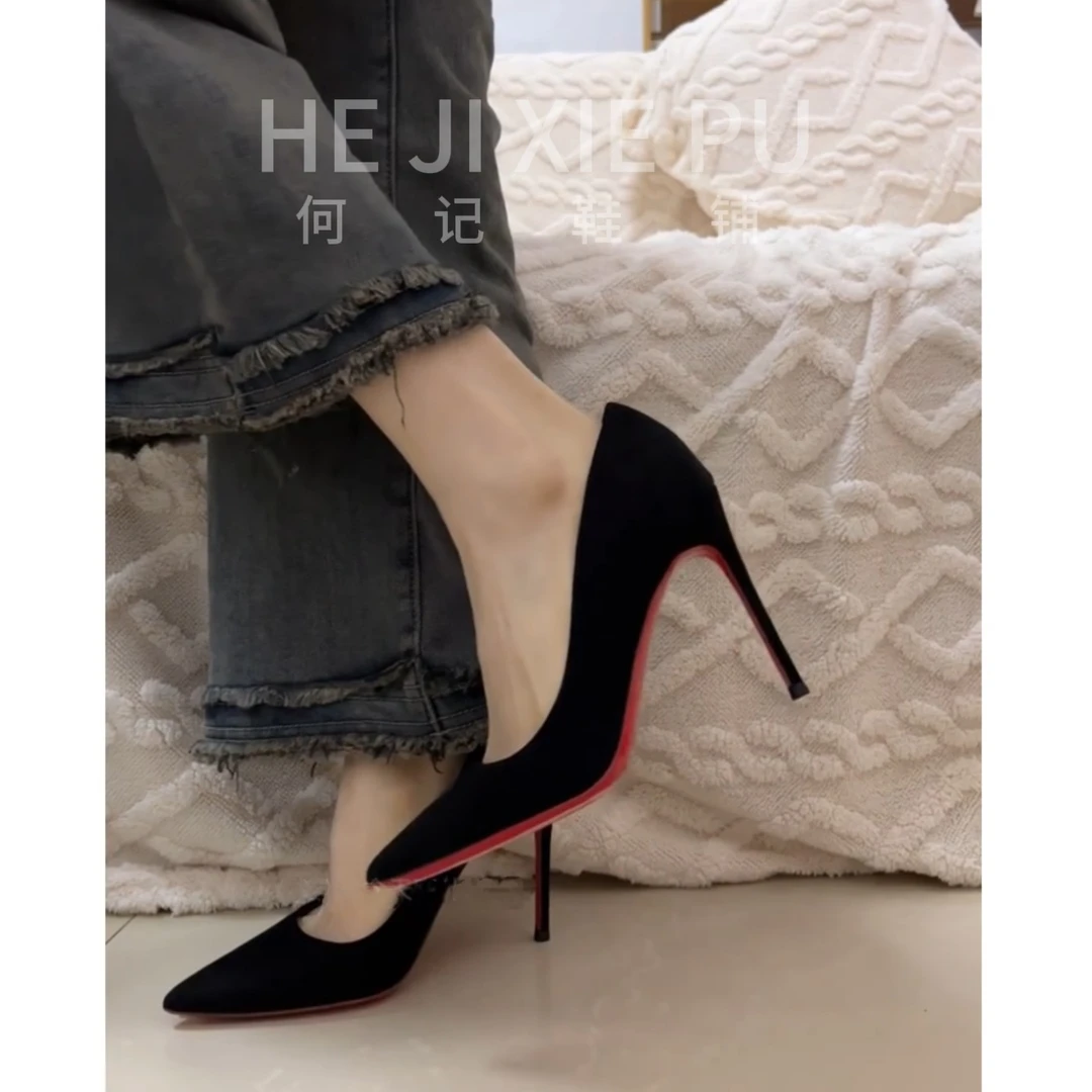 新款黑色浅口高跟鞋细跟女绒面职业性感尖头单鞋法式高级感红底鞋