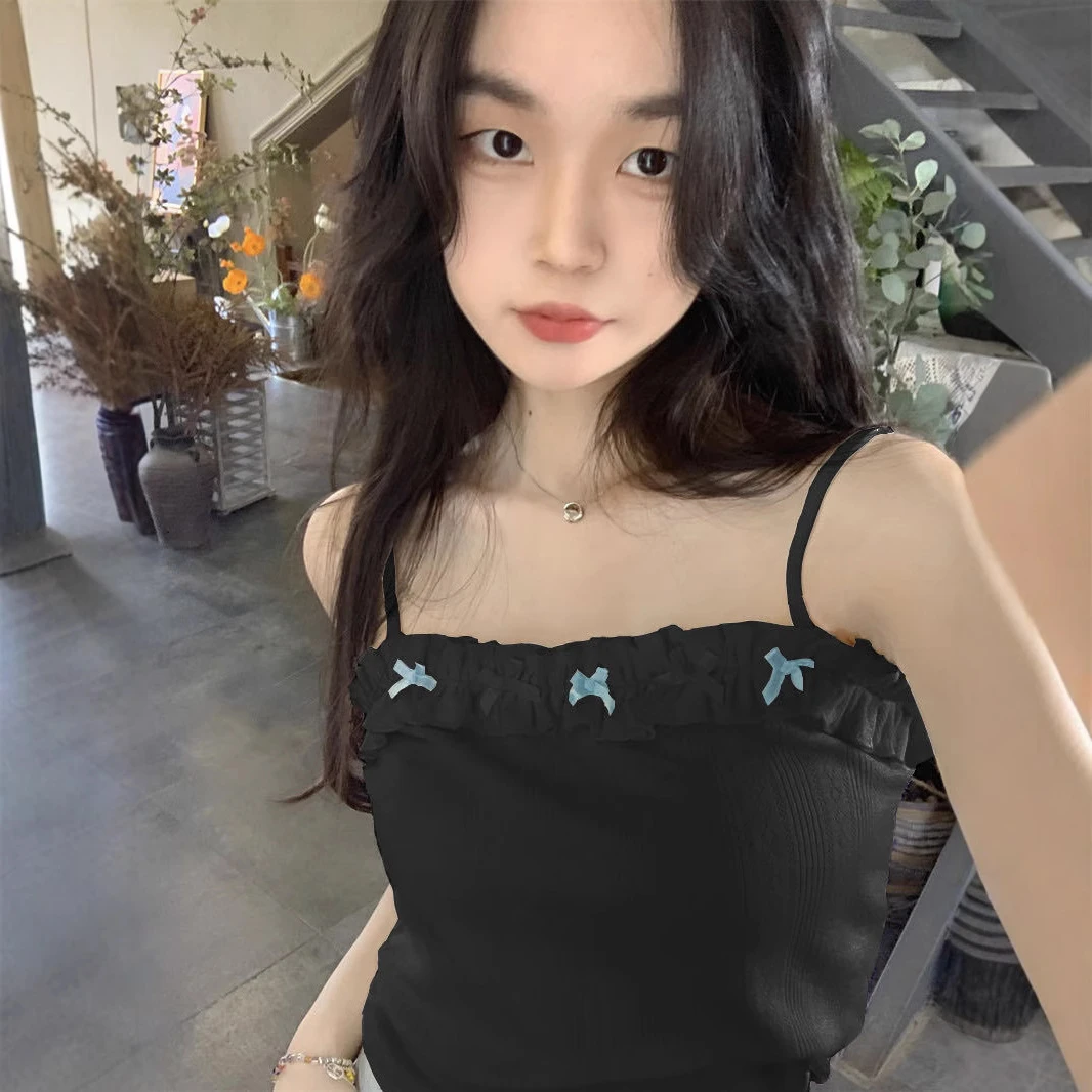 1044#人棉小吊带背心女夏季辣妹蝴蝶结针织外穿纯欲法式减龄上衣