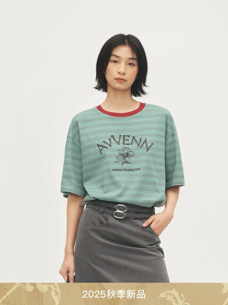 AVVENN2025秋季新品撞色条纹手工肌理感舒适耐磨短袖AL71001533