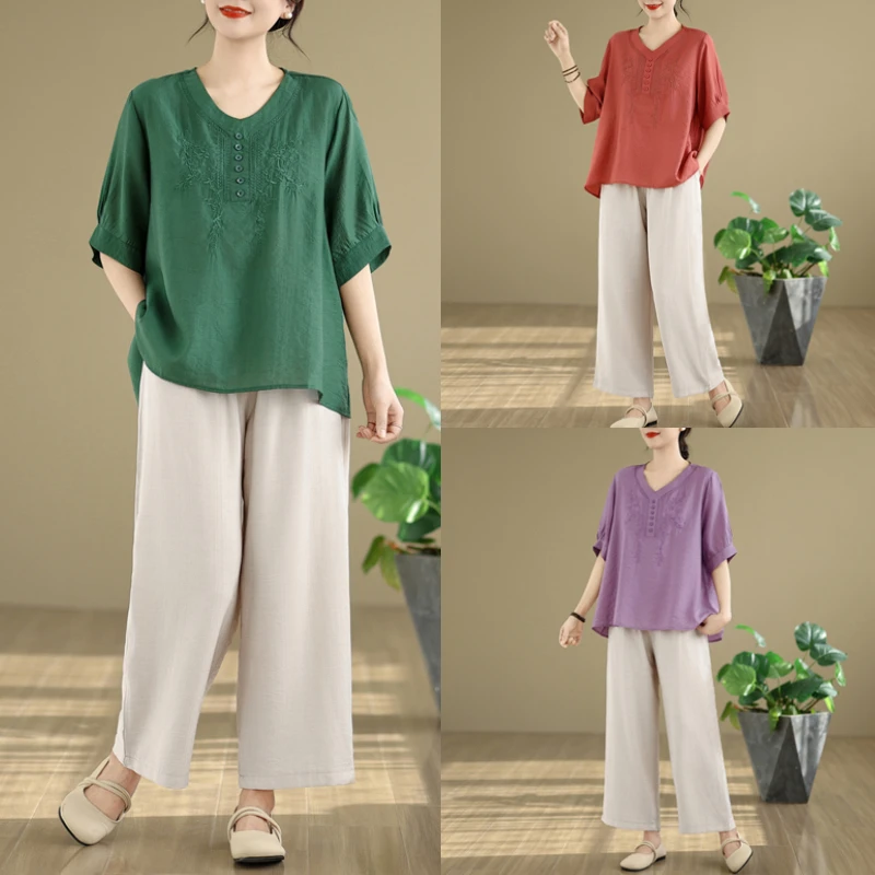 2025夏季韩版大码遮肉显瘦刺绣上衣宽松显瘦阔腿裤套装女