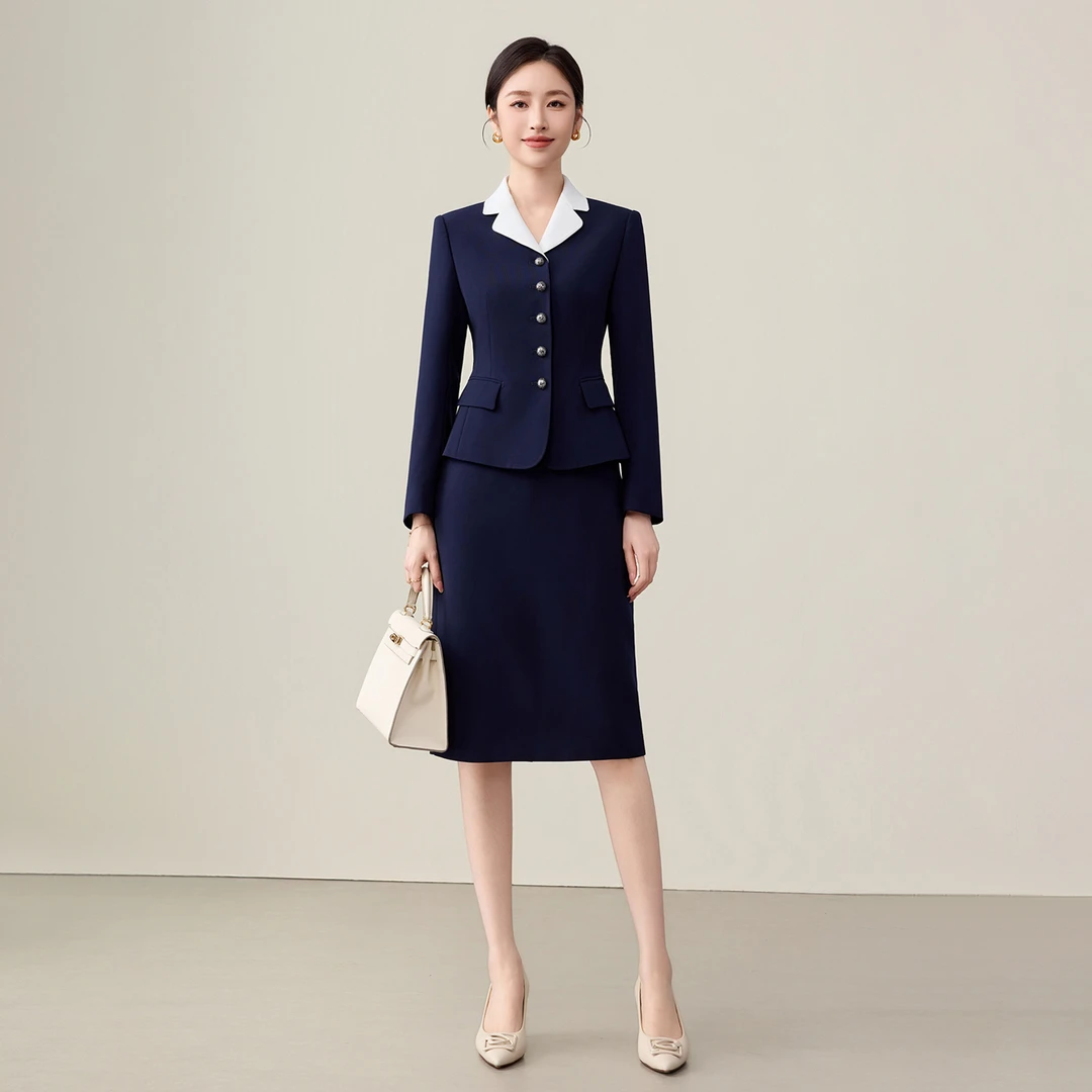 钟老板藏青色西装外套女秋季新款职业装气质通勤西服半身裙两件套