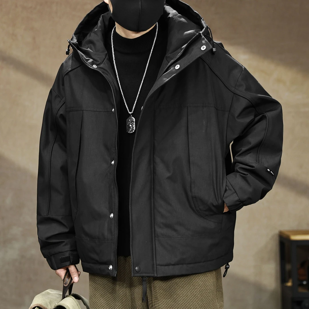 90鸭绒多口袋防风工装连帽羽绒服男冬季新款300斤大码保暖外套潮