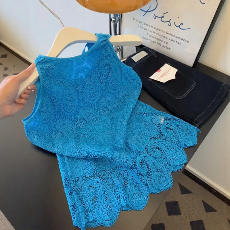 蓝色绝美镂空蕾丝吊带背心女夏季设计感别致宽松外穿辣妹无袖上衣