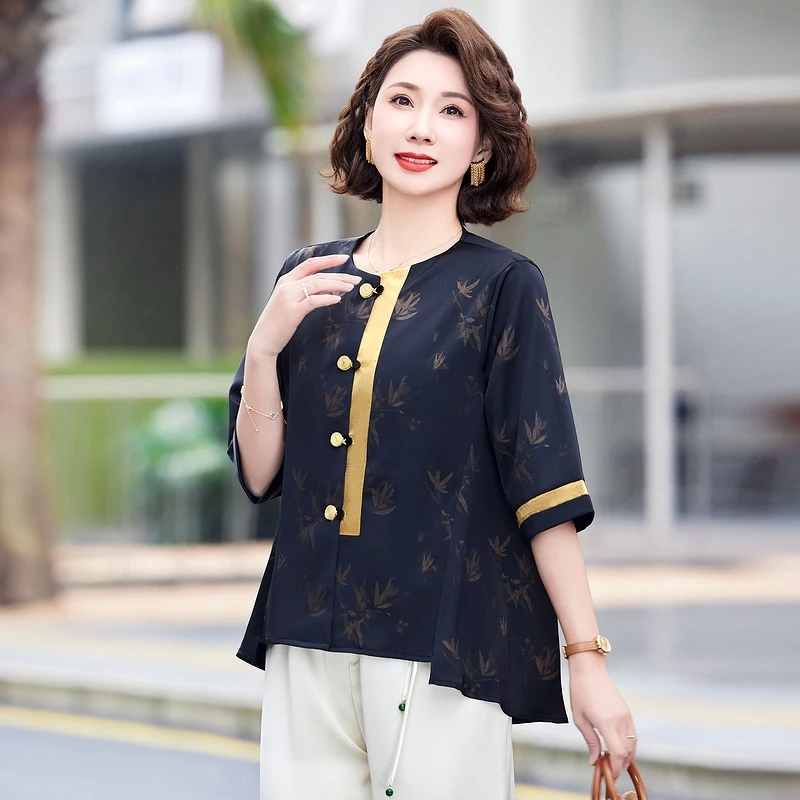 年轻妈妈装夏季薄款短袖衬衣欧若中国风新中式洋气减龄上衣小衫女