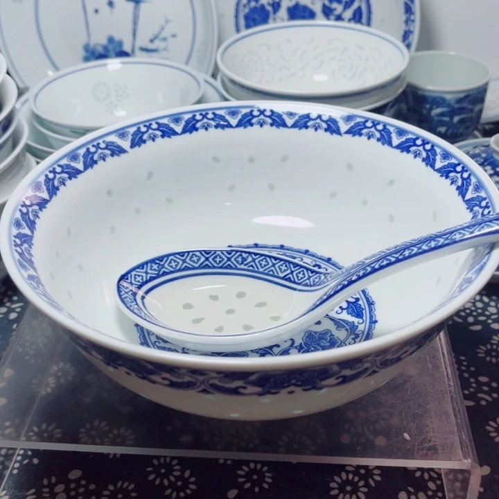青花玲珑8寸汤碗牡丹花