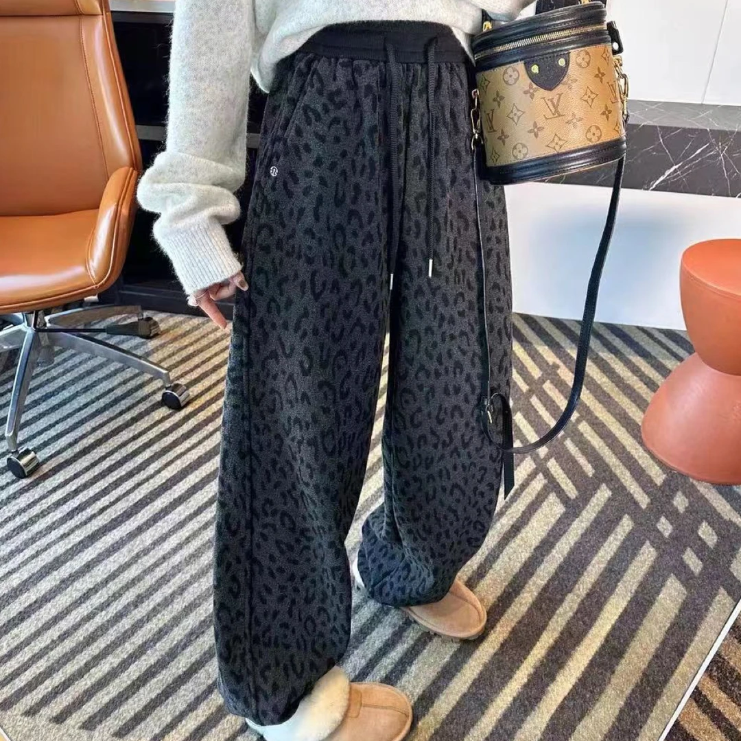 阿梅家冬季韩系加绒豹纹松紧高腰显瘦宽松垂感休闲阔腿女裤