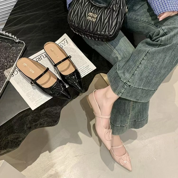 3120-2包头内增高半拖2025年新款法式百搭浅口尖头高跟鞋后空单鞋