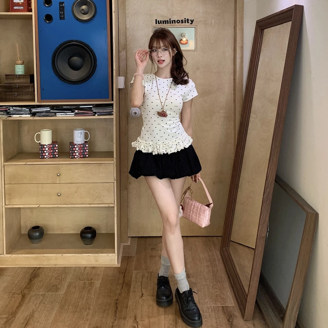 33shop 印花波点蝴蝶结荷叶边设计感T恤