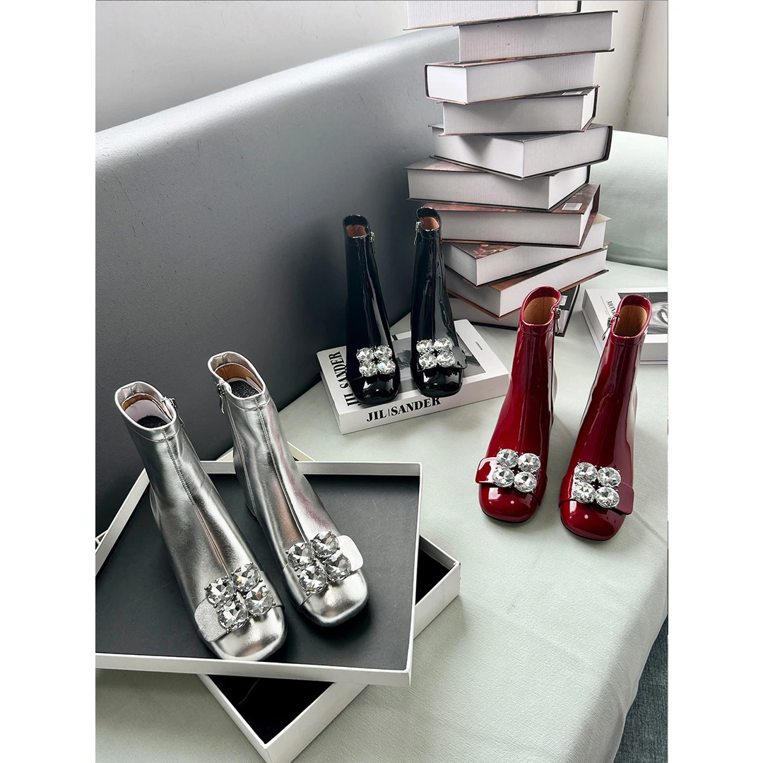 法式复古水钻方头粗跟短靴秋冬爆款高级感高跟时装靴真皮瘦瘦靴