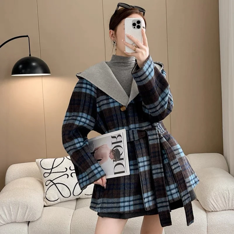 格子双面羊毛大衣女中长款2024新款高级感连帽系带两面穿毛呢外套