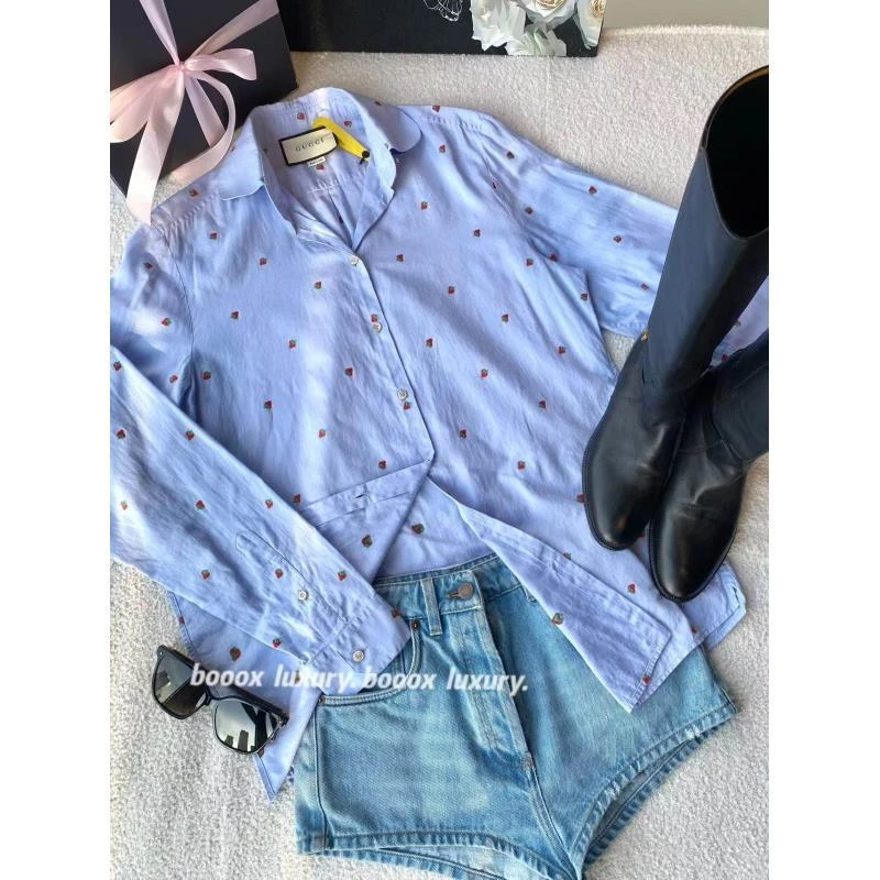 95新 GUCCI/古驰 pp1321 棉 蓝色刺绣logo衬衫 42码
