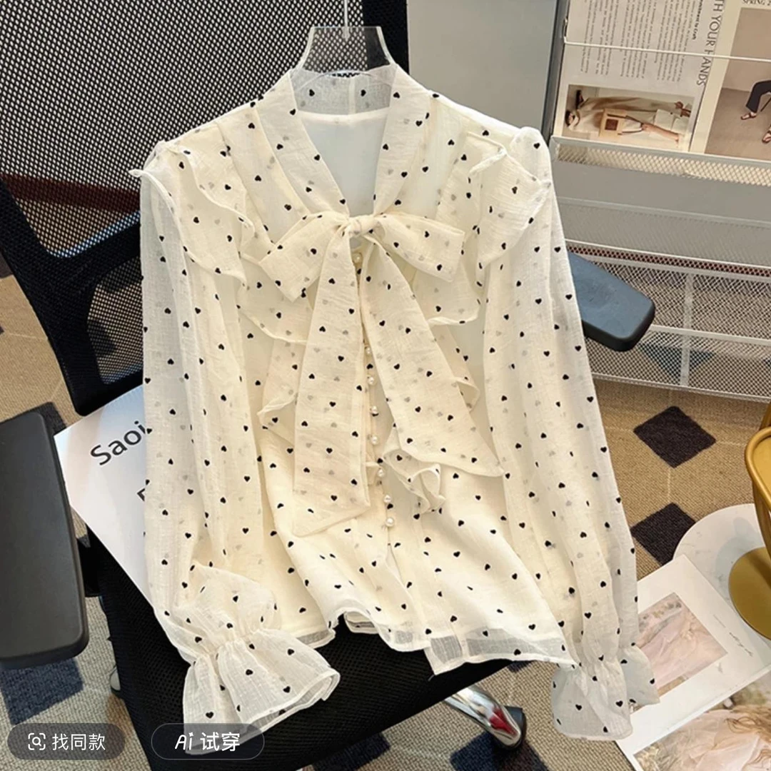法式波点雪纺上衣女春蝴蝶结小衫气质名媛甜美荷叶边泡泡长袖衬衫