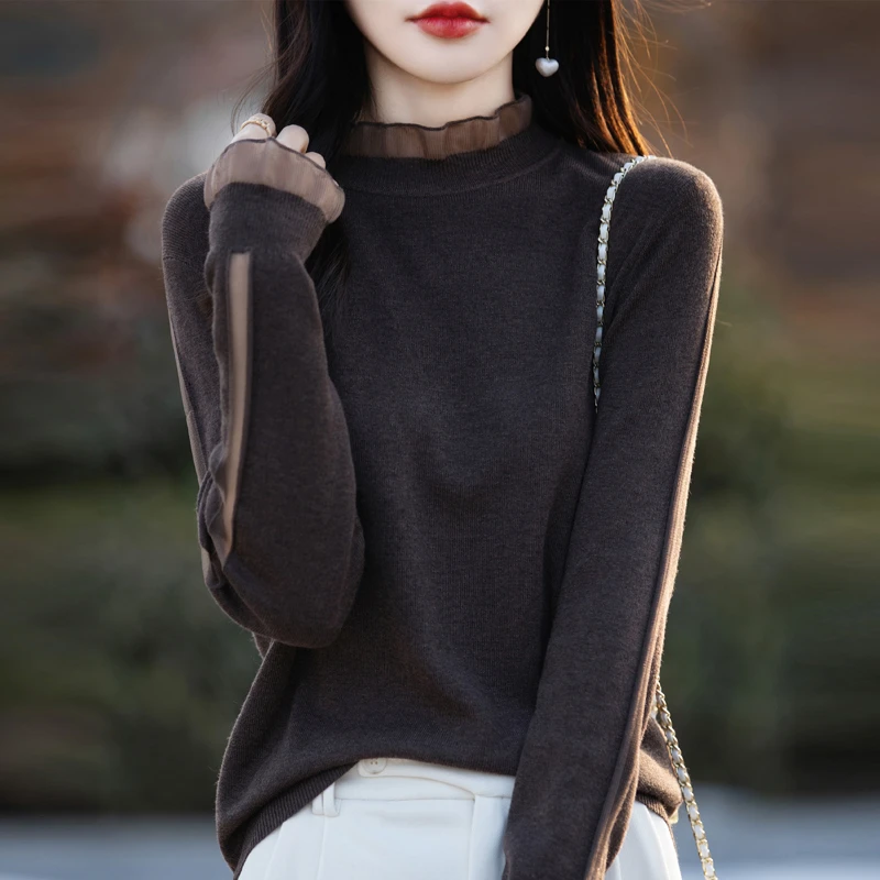 高级感蕾丝花边半高领针织衫女2025秋冬新款木耳边打底衫内搭衫