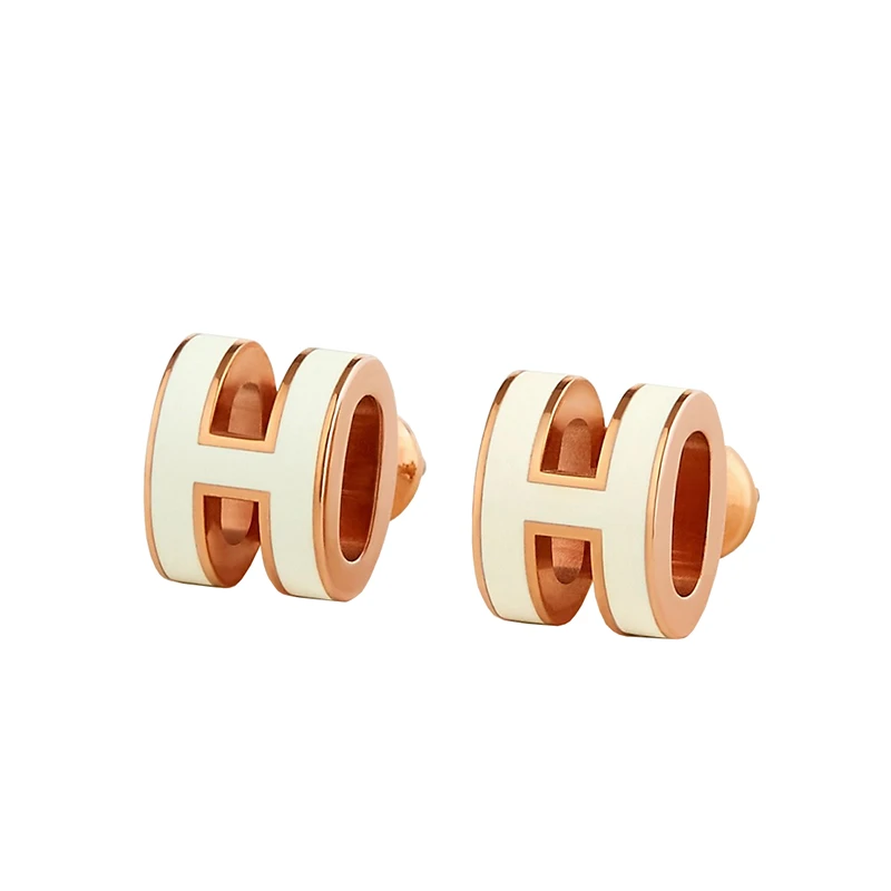 Hermes/爱马仕 女士白色漆面金属玫瑰金饰面迷你H耳环H608002FO49