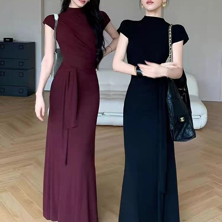 法式气质绑带收腰短袖连衣裙女2025新款夏季修身显瘦性感包臀长裙