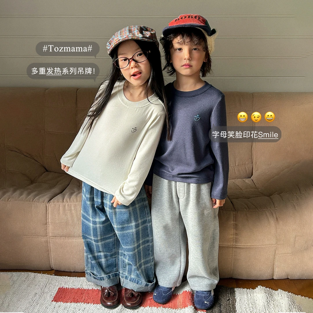 豆几妈 9/22儿童男秋装字母笑脸印花圆领发热打底衫女童打底衣秋