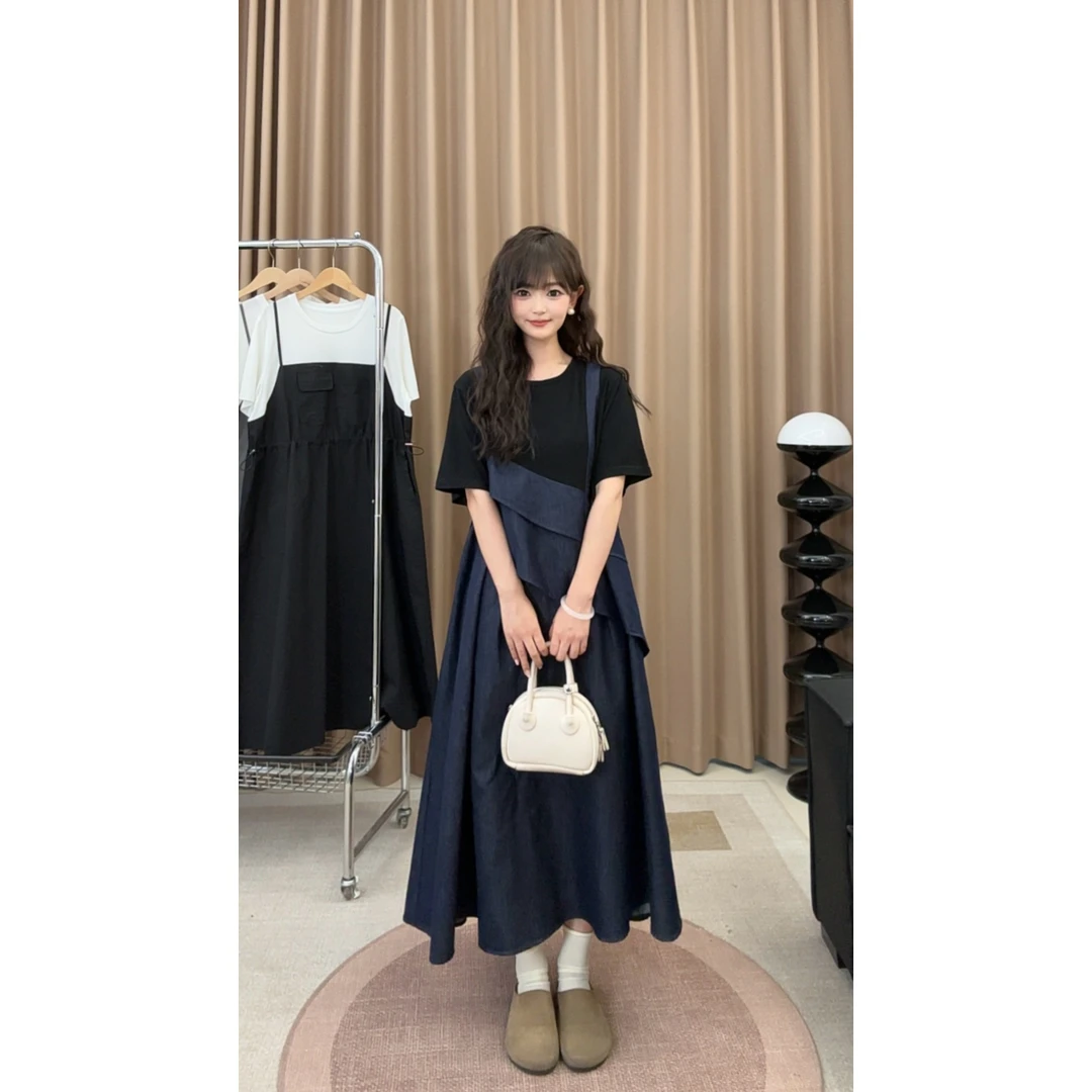 【张小九】不规则假两件薄款牛仔拼接连衣裙女Z1967