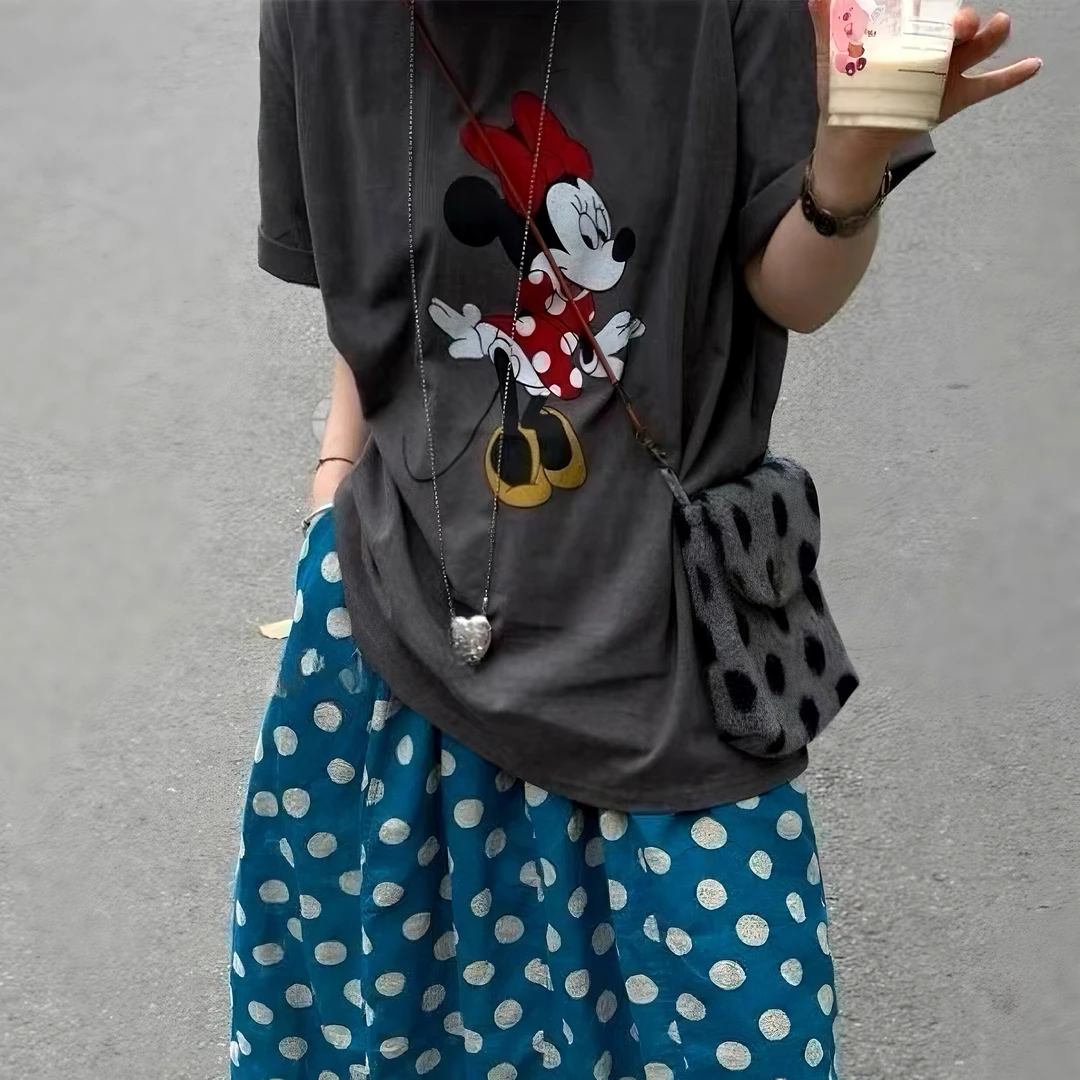 2025夏季新款东大门米妮印花短袖T恤女宽松休闲遮臀洋气百搭上衣