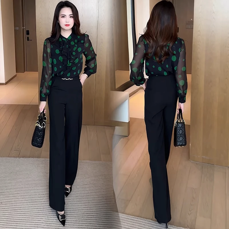 时尚套装女士2025春季新款洋气显瘦波点雪纺衬衫阔腿裤气质两件套