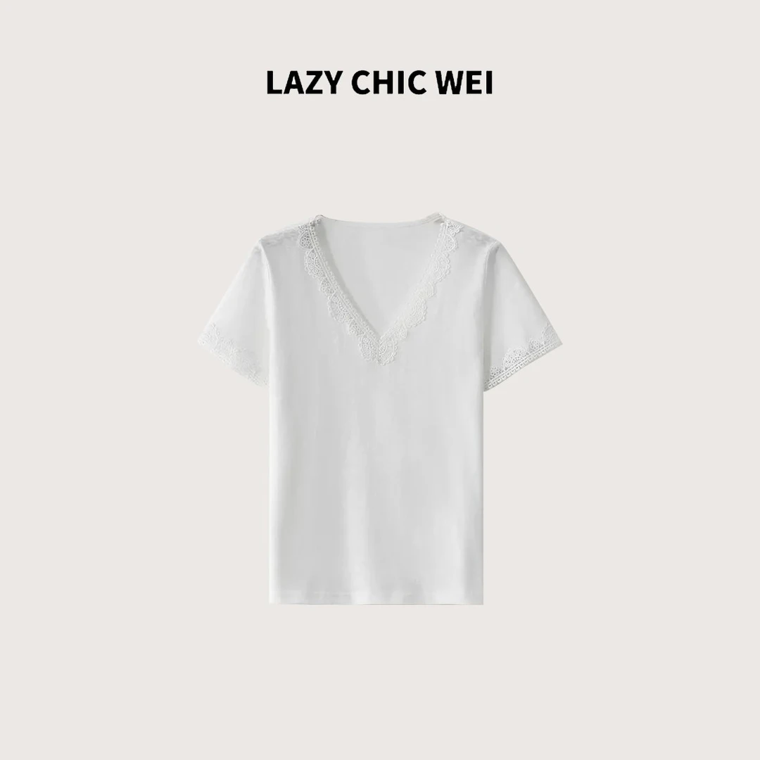 LAZY CHIC WEI 棉混纺镂空雪花纹蕾丝拼接正肩T恤25SSW1170