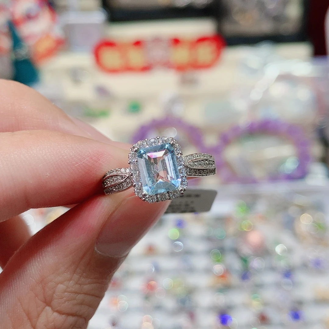 海蓝宝石戒指银S925镶嵌