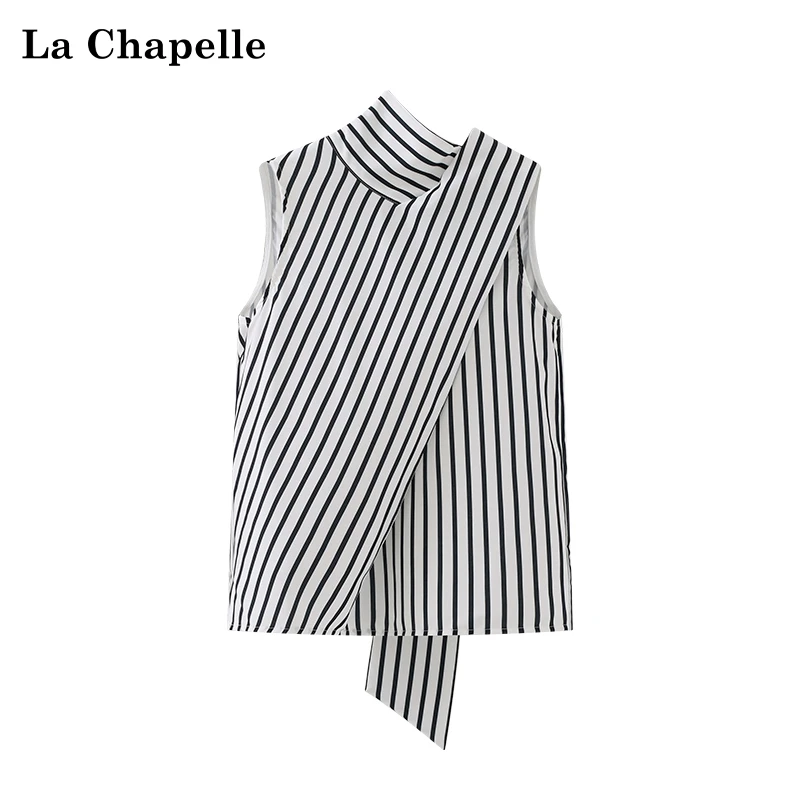 拉夏贝尔黑白条纹挂脖背心法式设计感无袖小衫女夏季时尚百搭时髦