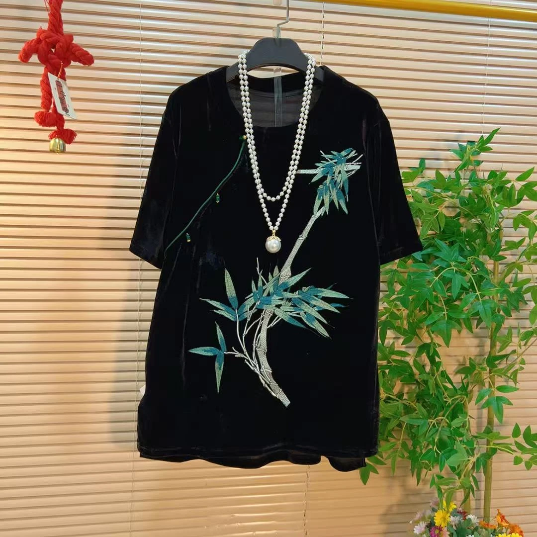 文艺复古斜襟刺绣中长款斜襟上衣胖YY2025早秋新款新中式国风T恤